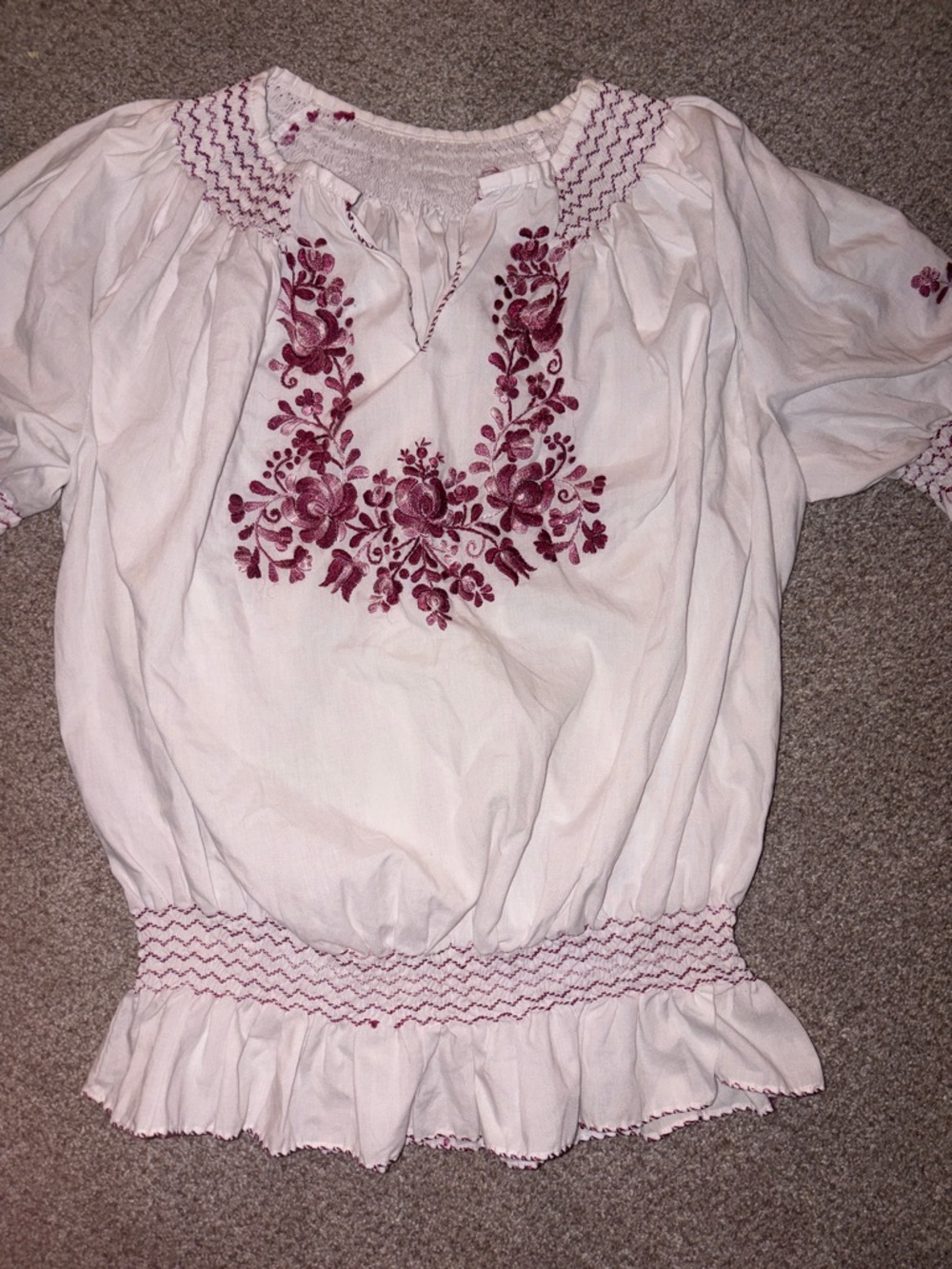 Embroidered White Peasant Top with Burgundy Floral Detail